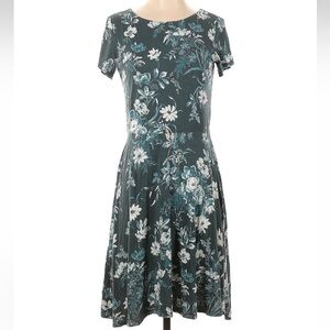 Ann Taylor LOFT Stretchy Teal Grey Floral Midi Dress Women’s Size 0 XXS XS